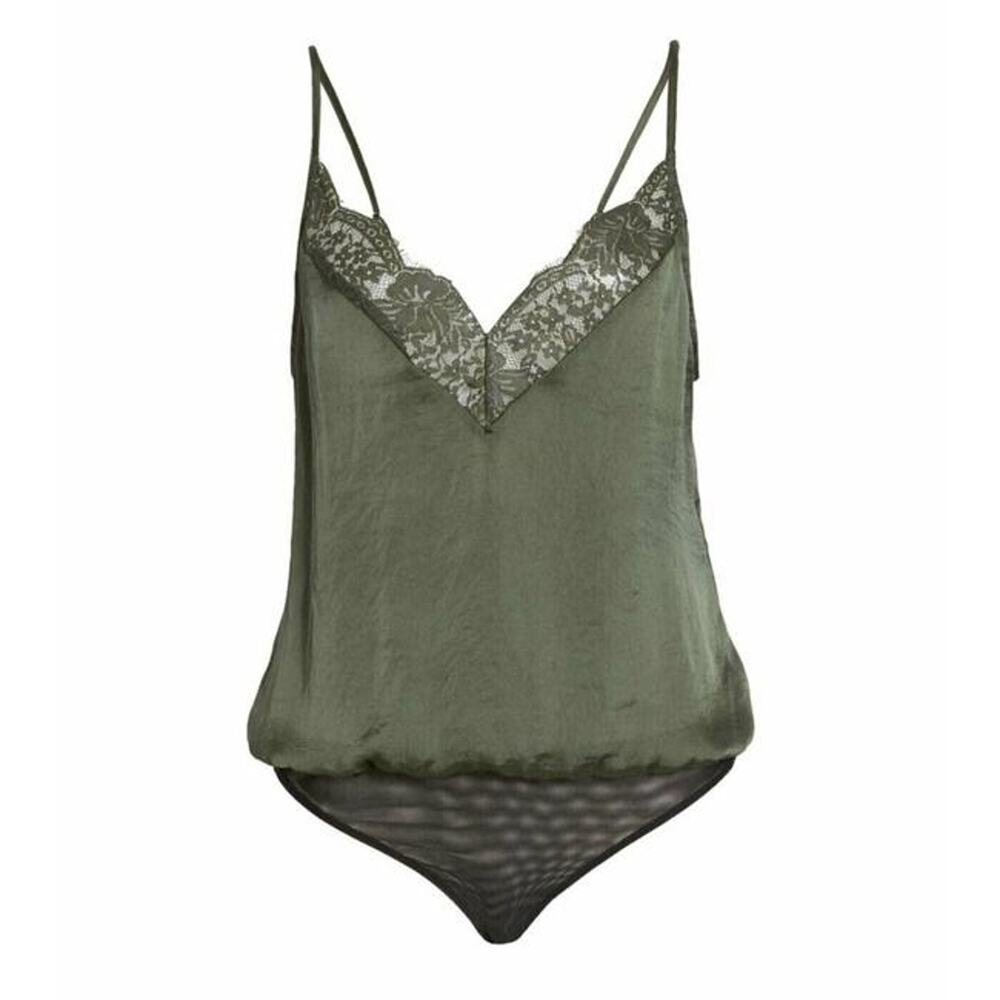Socialite Camisole Bodysuit Army Green Lace Trim Blouse Top Satin